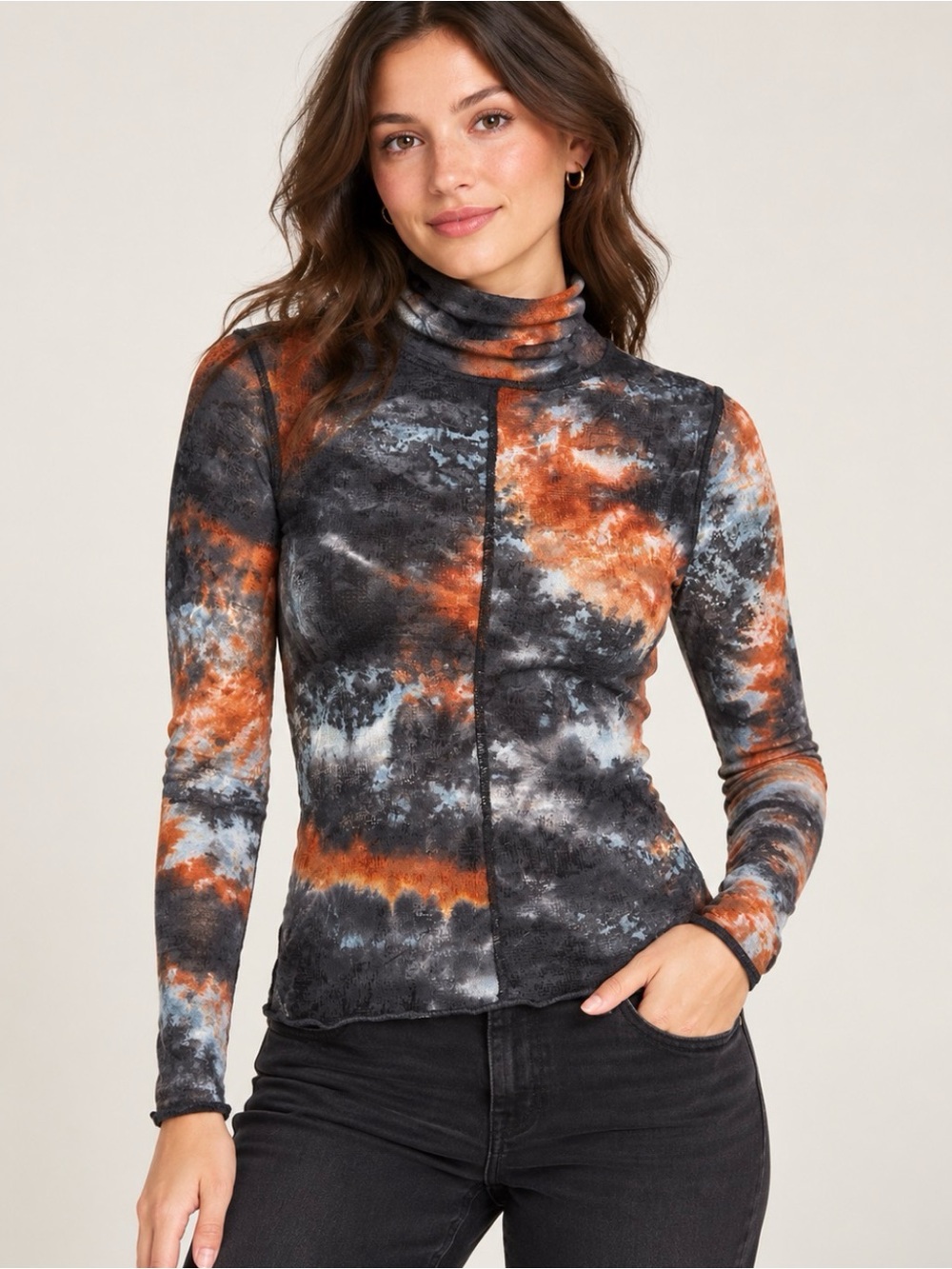 Prana Tie-Dye Mock Neck Long Sleeve Top - Black, Orange, Gray
